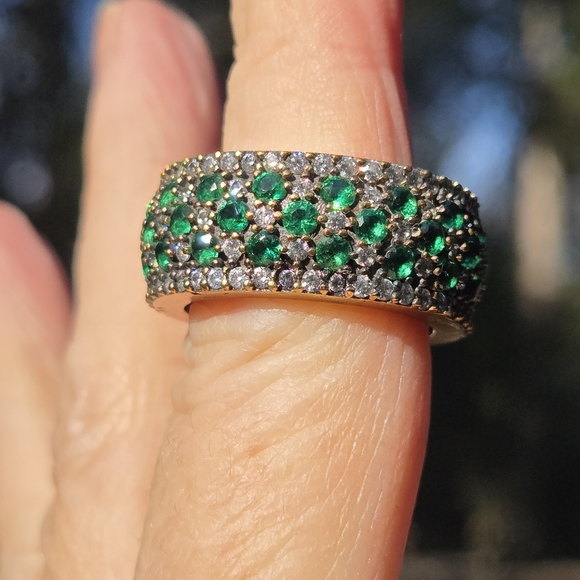 Emerald & White Topaz Eternity Stetling & Gold Ring Sz8 - Picture 7 of 7
